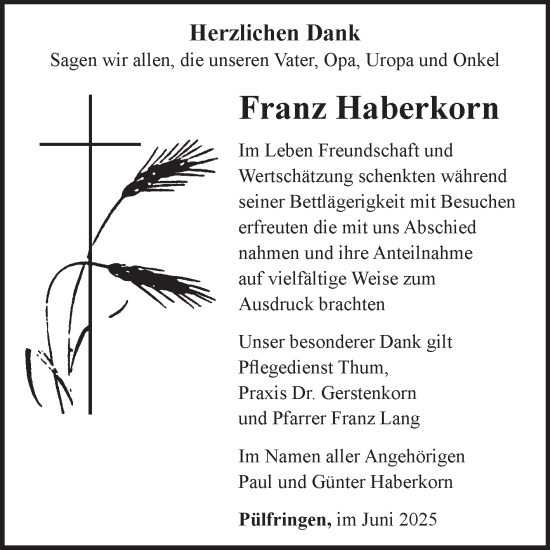 Traueranzeige von Franz Haberkorn von Fränkische Nachrichten