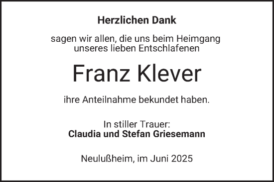 Traueranzeige von Franz Klever von Schwetzinger Zeitung