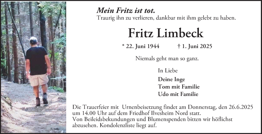  Traueranzeige für Fritz Limbeck vom 14.06.2025 aus Mannheimer Morgen