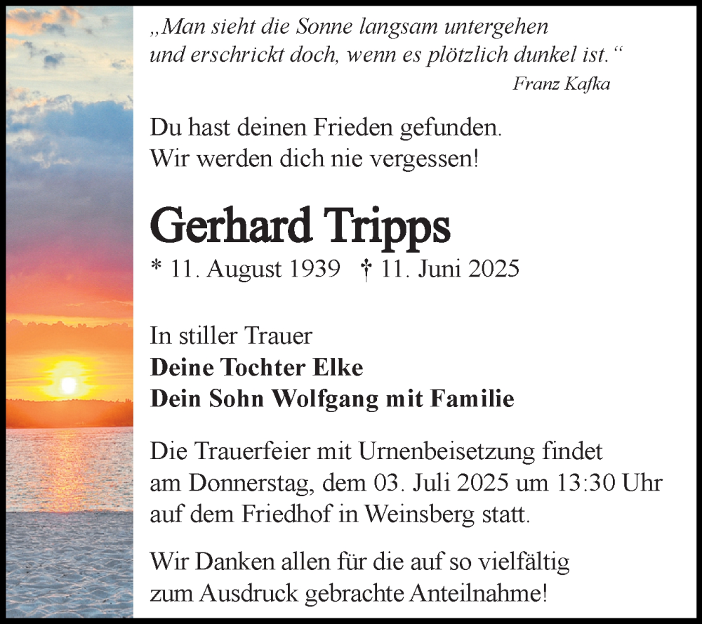  Traueranzeige für Gerhard Tripps vom 28.06.2025 aus Fränkische Nachrichten