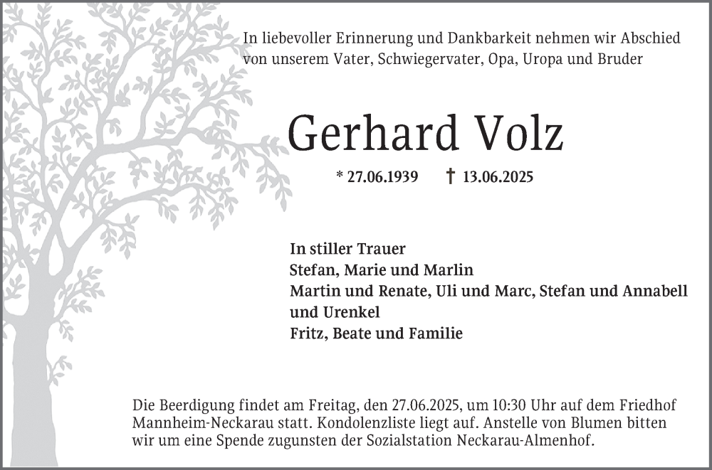  Traueranzeige für Gerhard Volz vom 21.06.2025 aus Mannheimer Morgen