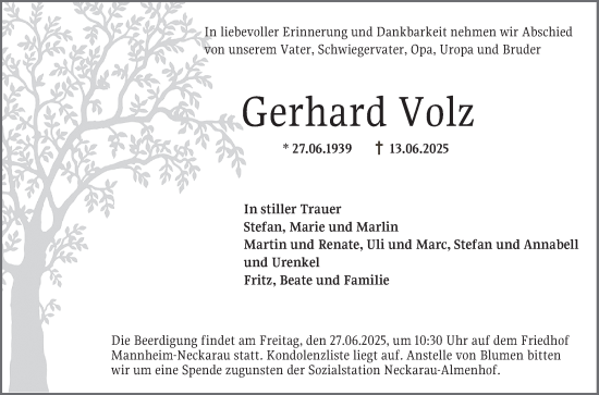 Traueranzeige von Gerhard Volz von Mannheimer Morgen