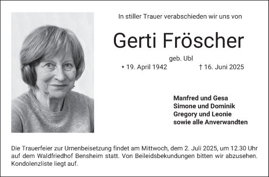 Traueranzeige von Gerti Fröscher von Bergsträßer Anzeiger