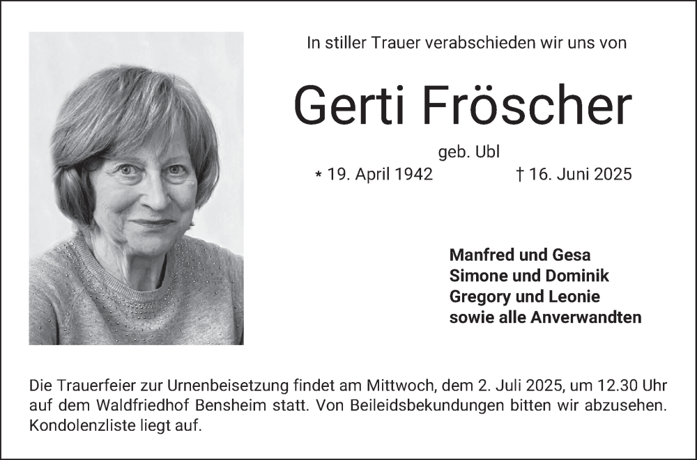  Traueranzeige für Gerti Fröscher vom 28.06.2025 aus Bergsträßer Anzeiger