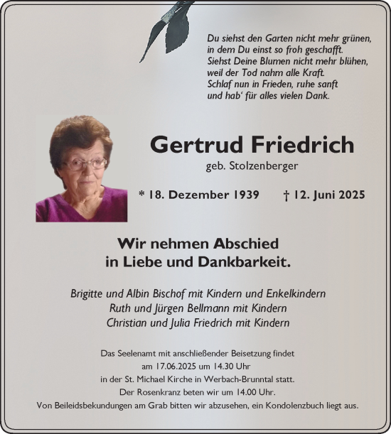 Traueranzeige von Gertrud Friedrich von Fränkische Nachrichten