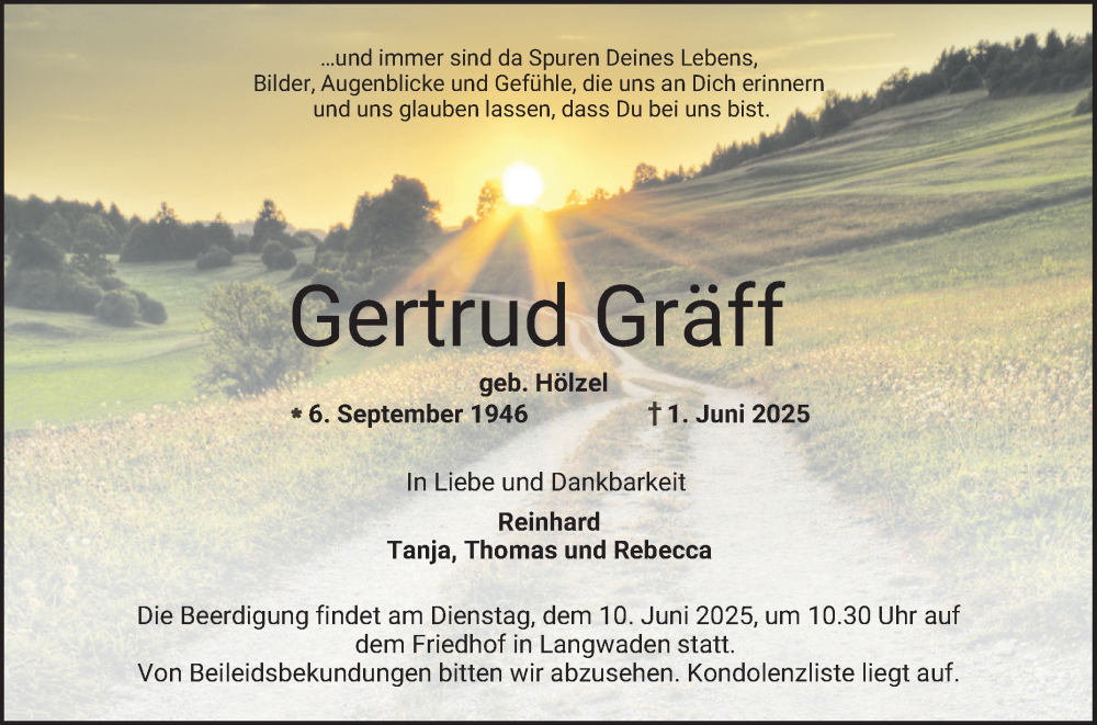  Traueranzeige für Gertrud Gräff vom 07.06.2025 aus Bergsträßer Anzeiger