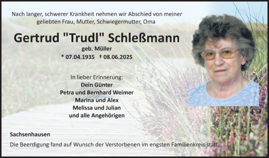 Traueranzeige von Gertrud Schleßmann von Fränkische Nachrichten