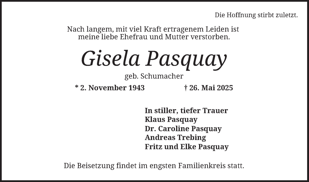  Traueranzeige für Gisela Pasquay vom 07.06.2025 aus Mannheimer Morgen