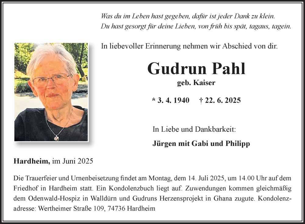  Traueranzeige für Gudrun Pahl vom 28.06.2025 aus Fränkische Nachrichten