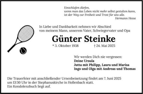Traueranzeige von Günter Steinke von Fränkische Nachrichten