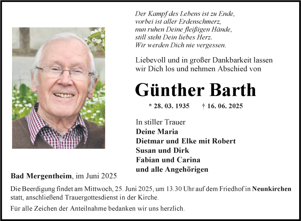  Traueranzeige für Günther Barth vom 20.06.2025 aus Fränkische Nachrichten