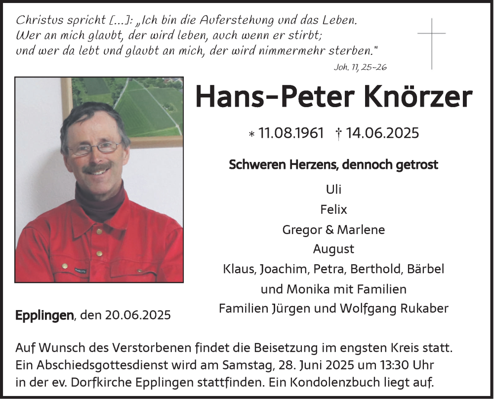  Traueranzeige für Hans-Peter Knörzer vom 20.06.2025 aus Fränkische Nachrichten