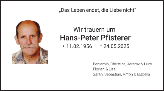 Traueranzeige von Hans-Peter Pfisterer von Fränkische Nachrichten
