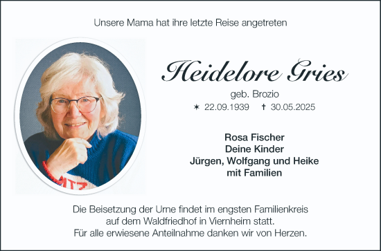 Traueranzeige von Heidelore Gries von Mannheimer Morgen