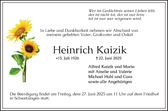 Traueranzeige von Heinrich Kaizik von Schwetzinger Zeitung