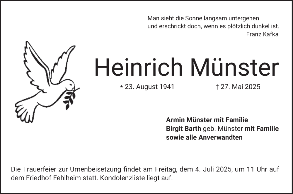  Traueranzeige für Heinrich Münster vom 28.06.2025 aus Bergsträßer Anzeiger