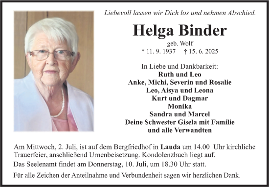 Traueranzeige von Helga Binder von Fränkische Nachrichten