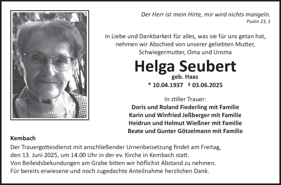 Traueranzeige von Helga Seubert von Fränkische Nachrichten
