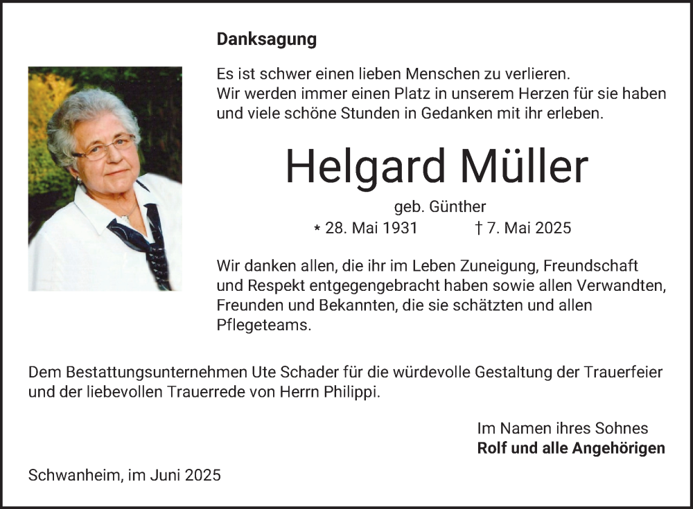 Traueranzeige für Helgard Müller vom 07.06.2025 aus Bergsträßer Anzeiger