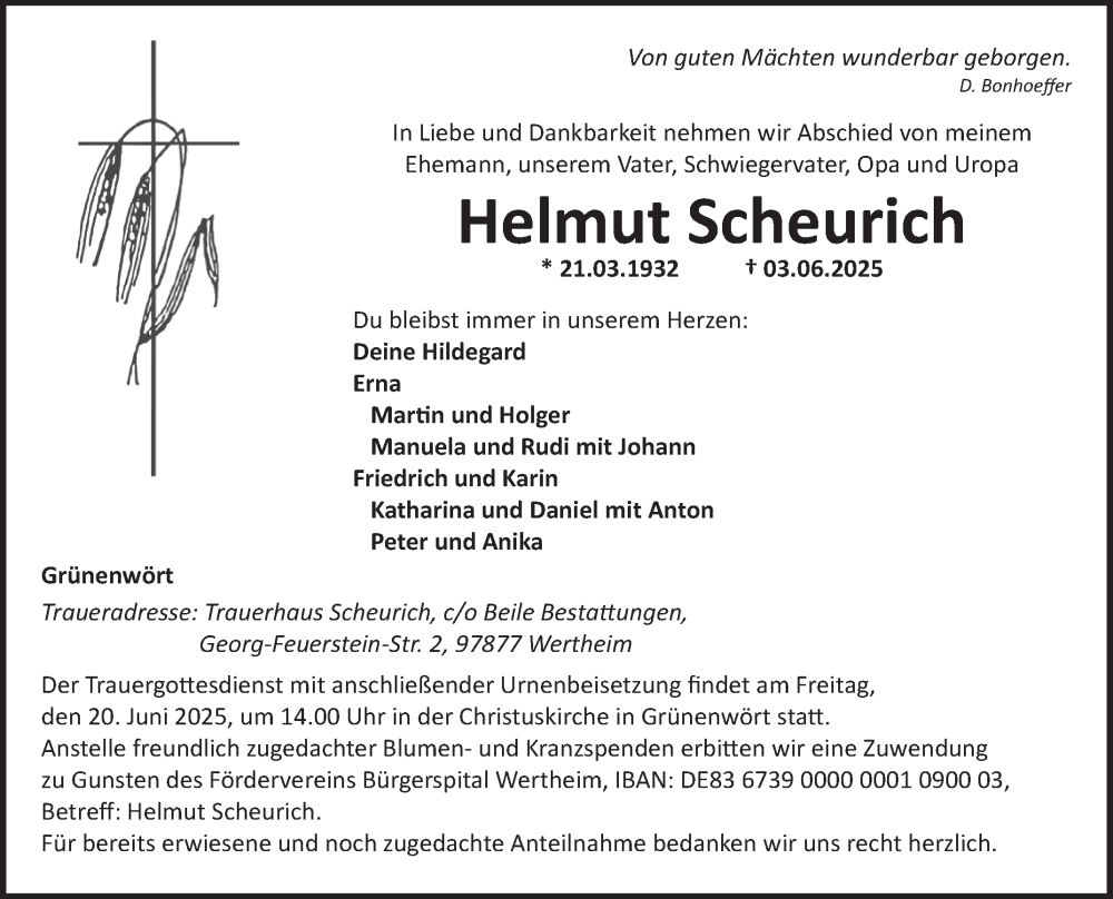  Traueranzeige für Helmut Scheurich vom 14.06.2025 aus Fränkische Nachrichten