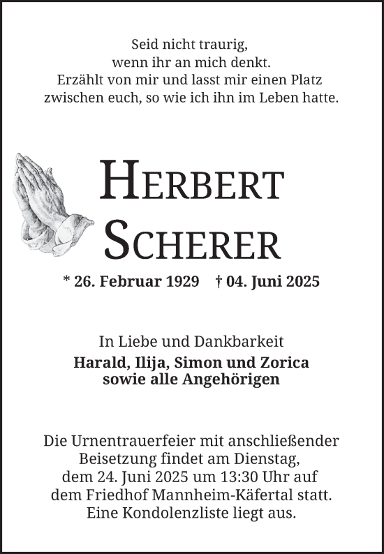 Traueranzeige von Herbert Scherer von Mannheimer Morgen
