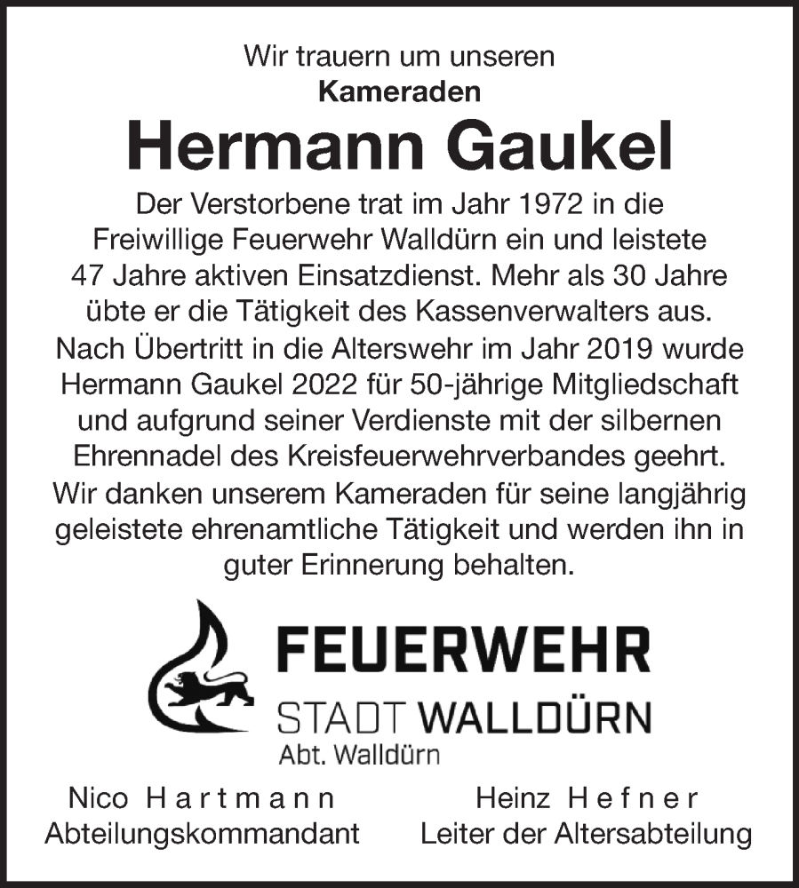  Traueranzeige für Hermann Gaukel vom 17.06.2025 aus Fränkische Nachrichten