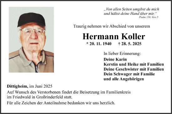 Traueranzeige von Hermann Koller von Fränkische Nachrichten