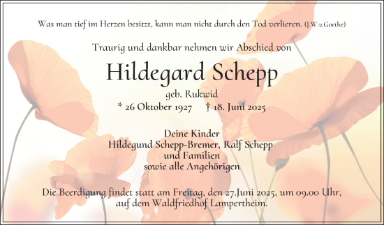 Traueranzeige von Hildegard Schepp von Mannheimer Morgen