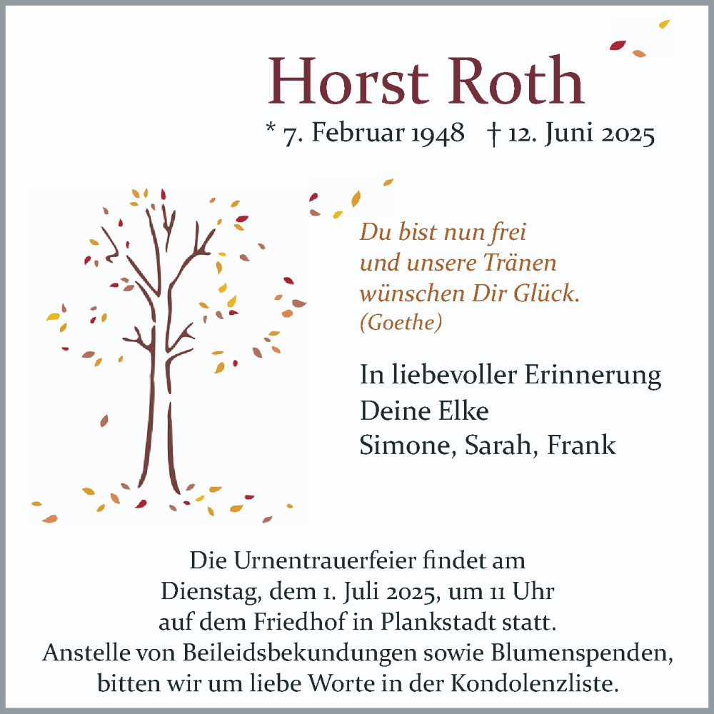  Traueranzeige für Horst Roth vom 28.06.2025 aus Schwetzinger Zeitung