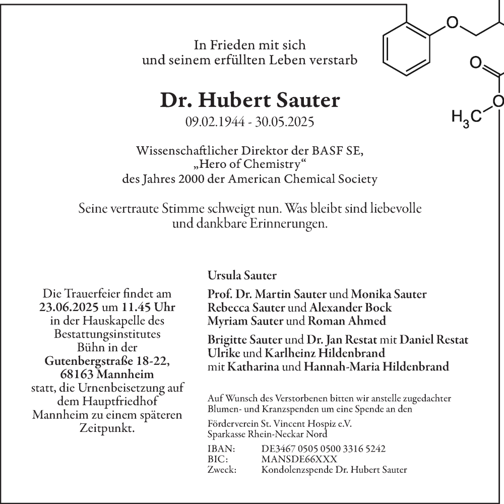  Traueranzeige für Hubert Sauter vom 14.06.2025 aus Mannheimer Morgen