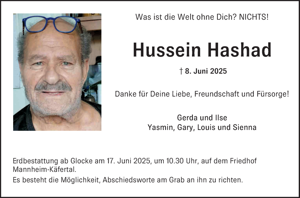  Traueranzeige für Hussein Hashad vom 14.06.2025 aus Mannheimer Morgen
