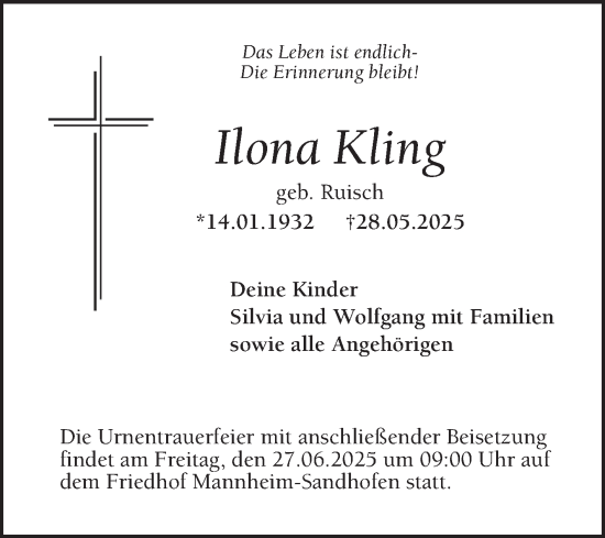 Traueranzeige von Ilona Kling von Mannheimer Morgen