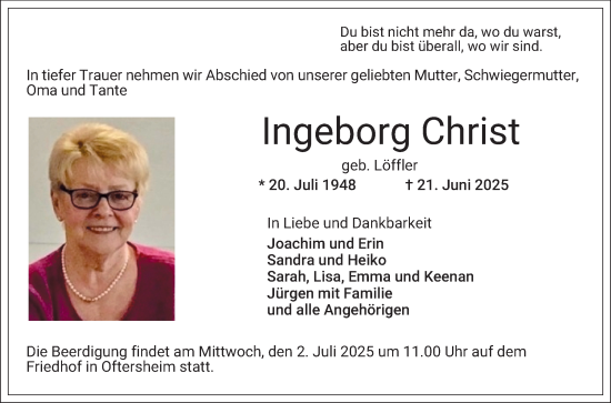 Traueranzeige von Ingeborg Christ von Schwetzinger Zeitung