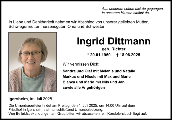 Traueranzeige von Ingrid Dittmann von Fränkische Nachrichten