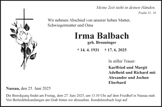Traueranzeige von Irma Balbach von Fränkische Nachrichten