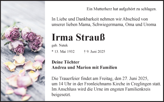 Traueranzeige von Irma Strauß von Fränkische Nachrichten