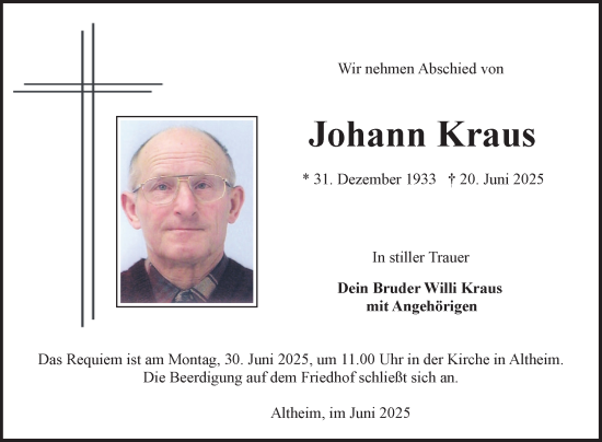 Traueranzeige von Johann Kraus von Fränkische Nachrichten