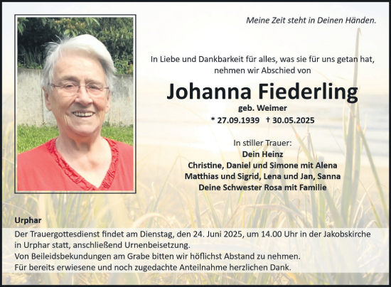 Traueranzeige von Johanna Fiederling von Fränkische Nachrichten