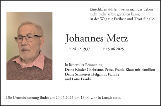 Traueranzeige von Johannes Metz von Bergsträßer Anzeiger