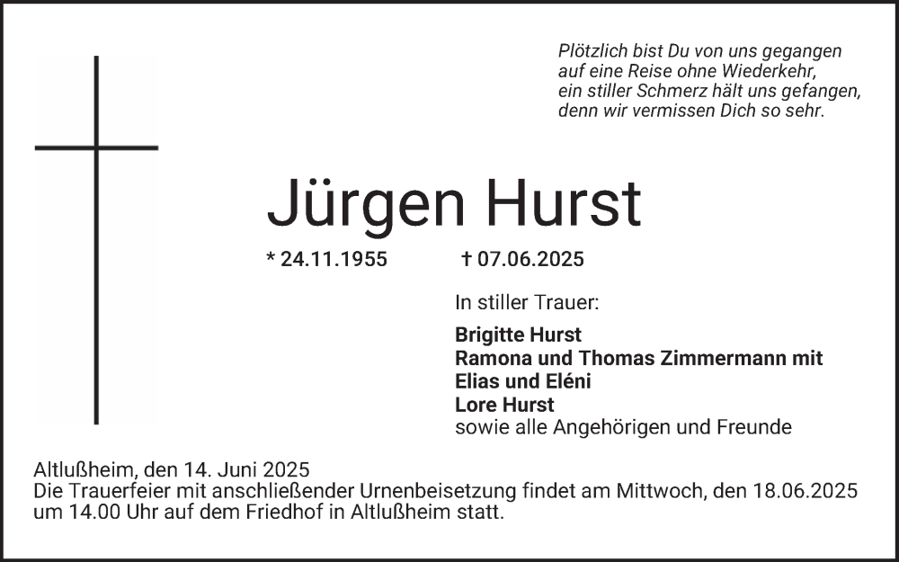  Traueranzeige für Jürgen Hurst vom 14.06.2025 aus Schwetzinger Zeitung