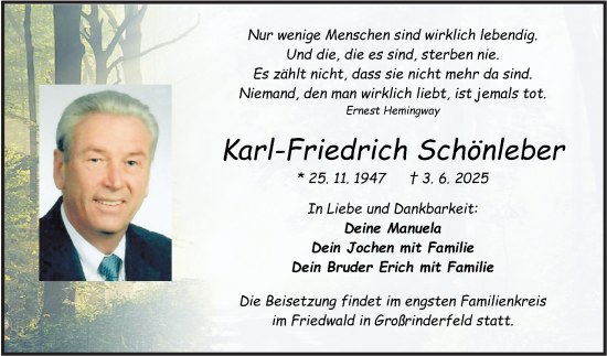 Traueranzeige von Karl-Friedrich Schönleber von Fränkische Nachrichten