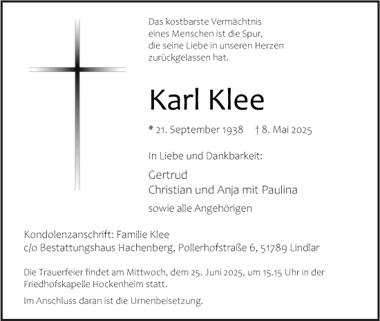 Traueranzeige von Karl Klee von Schwetzinger Zeitung