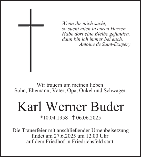 Traueranzeige von Karl Werner Buder von Mannheimer Morgen