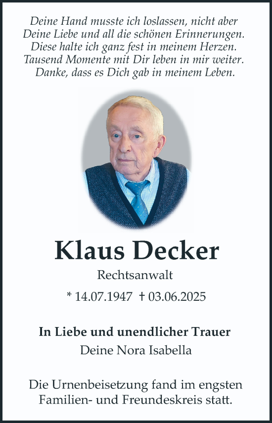 Traueranzeige von Klaus Decker von Mannheimer Morgen