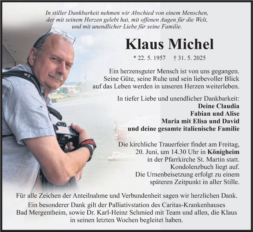  Traueranzeige für Klaus Michel vom 14.06.2025 aus Fränkische Nachrichten
