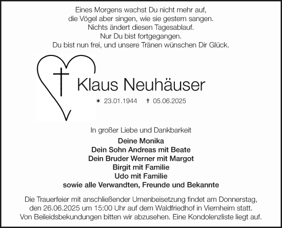Traueranzeige von Klaus Neuhäuser von Mannheimer Morgen
