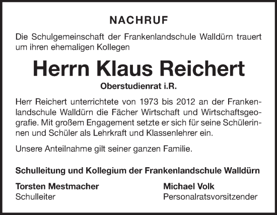 Traueranzeige von Klaus Reichert von Fränkische Nachrichten