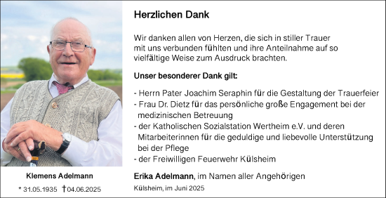 Traueranzeige von Klemens Adelmann von Fränkische Nachrichten