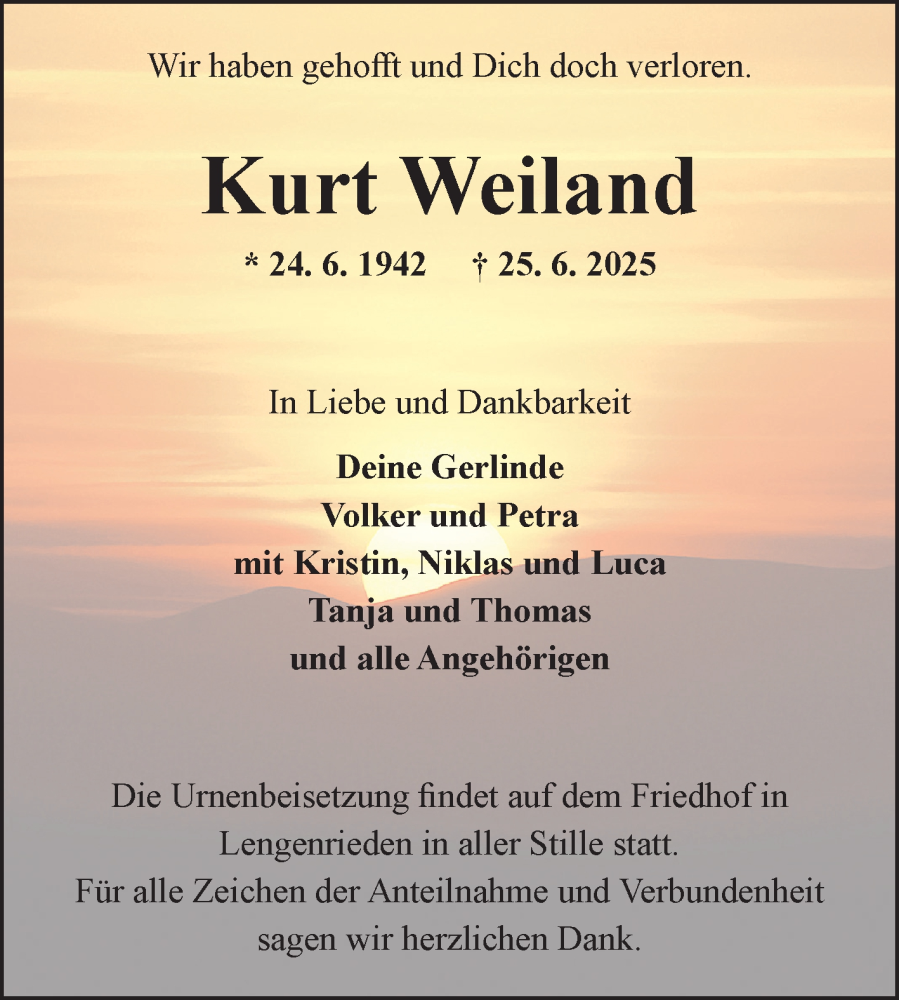  Traueranzeige für Kurt Weiland vom 01.07.2025 aus Fränkische Nachrichten