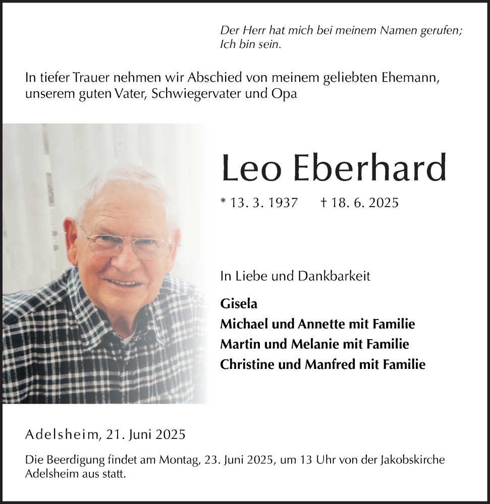  Traueranzeige für Leo Eberhard vom 21.06.2025 aus Fränkische Nachrichten